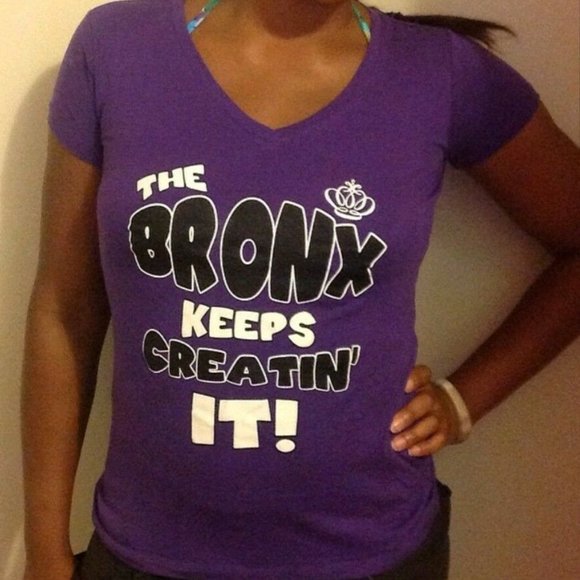 Next Level "The Bronx Keeps Creatin It" Medium Purple Women's V-Neck T-Shirt - Picture 2 of 9